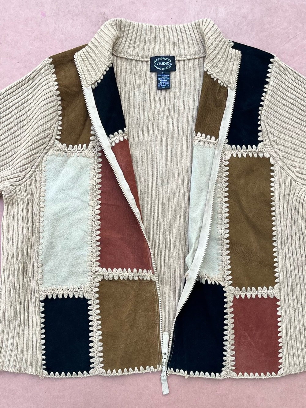 Designers Originals Beige Ribbed Zip-Up Sweater with Patchwork Panels
